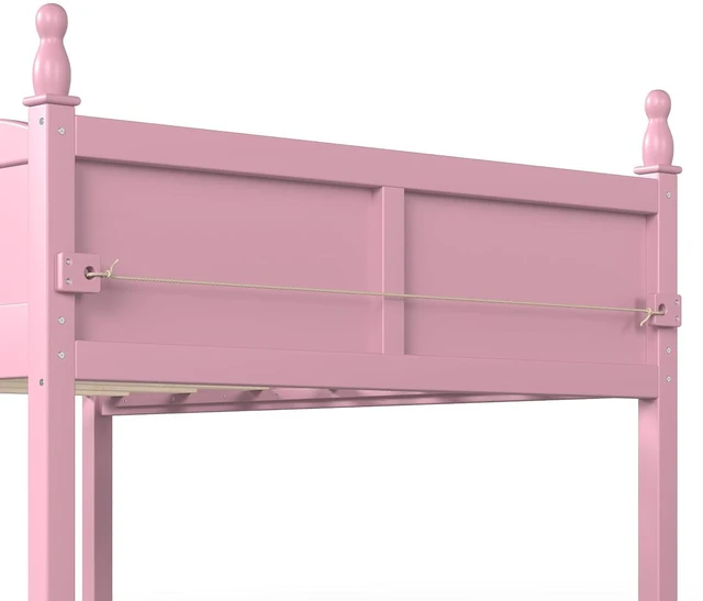 Alt view image 7 of 7 - Full Size Low Wood Loft Bed with Storage Book Shelfr, Kids Loft Bed with Safety Guardrails and Play Space for Princess Girls Boys Teen, Pink