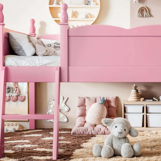 Alt view image 5 of 7 - Full Size Low Wood Loft Bed with Storage Book Shelfr, Kids Loft Bed with Safety Guardrails and Play Space for Princess Girls Boys Teen, Pink