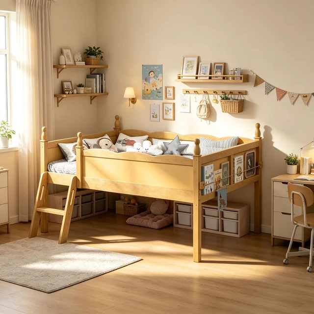 Main image of Full Size Low Wood Loft Bed with Storage Book Shelfr, Kids Loft Bed with Safety Guardrails and Play Space for Princess Girls Boys Teen, Natural