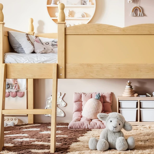 Alt view image 5 of 7 - Full Size Low Wood Loft Bed with Storage Book Shelfr, Kids Loft Bed with Safety Guardrails and Play Space for Princess Girls Boys Teen, Natural