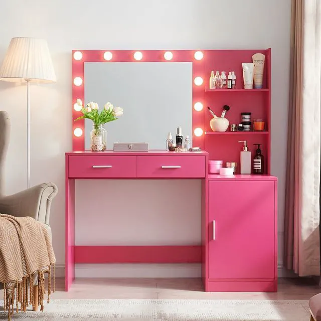 Main image of 46 Large Vanity Desk with Mirror and Lights, Pink
