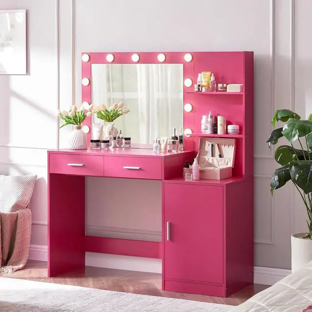 Alt view image 2 of 5 - 46 Large Vanity Desk with Mirror and Lights, Pink