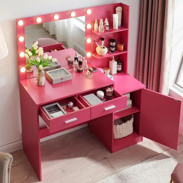 Alt view image 3 of 5 - 46 Large Vanity Desk with Mirror and Lights, Pink