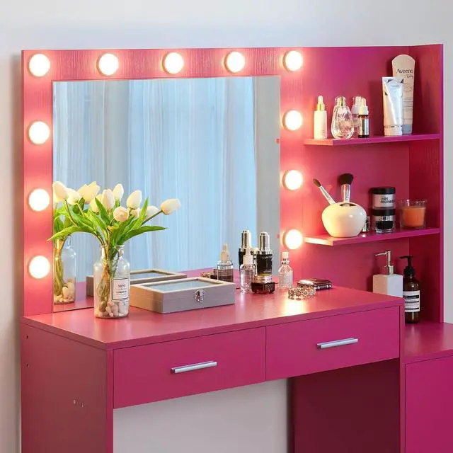 Alt view image 4 of 5 - 46 Large Vanity Desk with Mirror and Lights, Pink