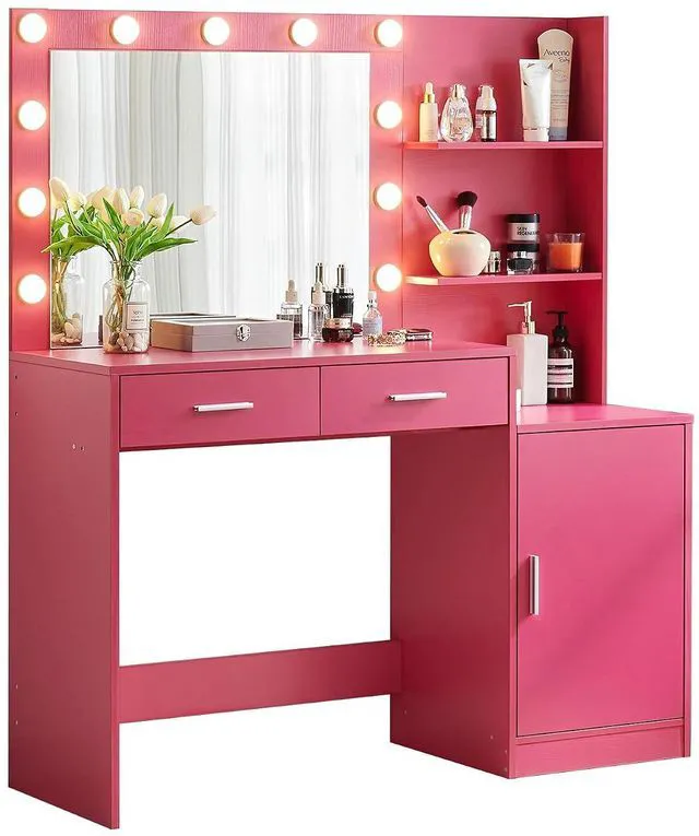 Alt view image 5 of 5 - 46 Large Vanity Desk with Mirror and Lights, Pink