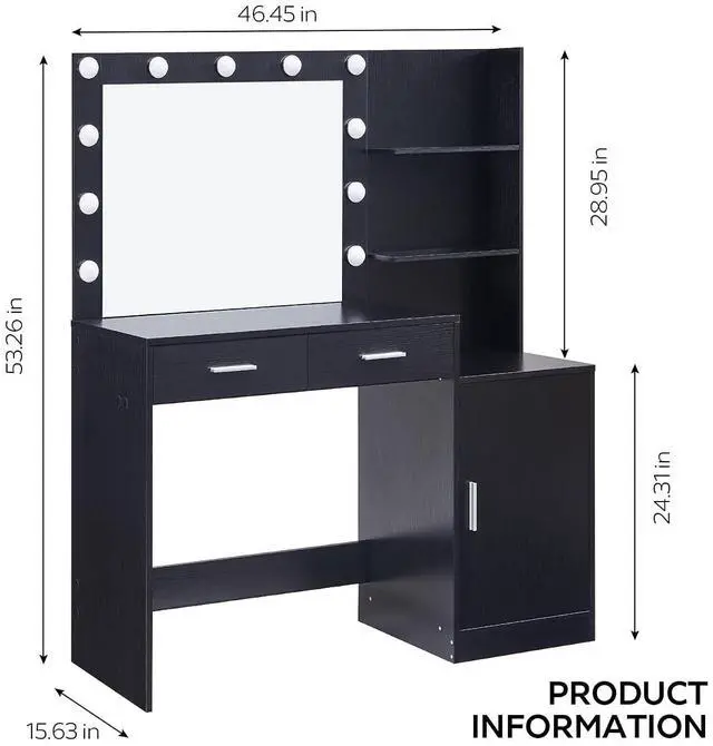 Alt view image 2 of 6 - 46 Large Vanity Desk with Mirror and Lights, Black