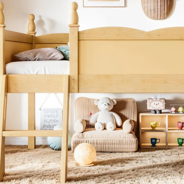 Alt view image 5 of 7 - Twin Size Low Wood Loft Bed with Storage Book Shelfr, Kids Loft Bed with Safety Guardrails and Play Space for Princess Girls Boys Teen, Natural