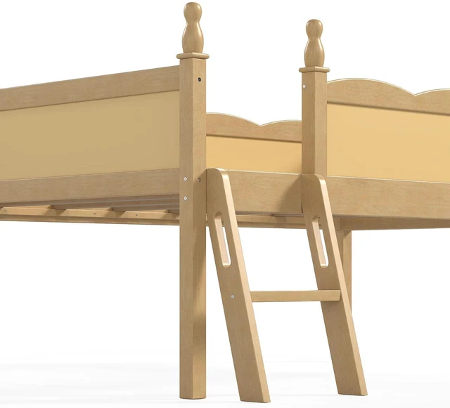Alt view image 6 of 7 - Twin Size Low Wood Loft Bed with Storage Book Shelfr, Kids Loft Bed with Safety Guardrails and Play Space for Princess Girls Boys Teen, Natural