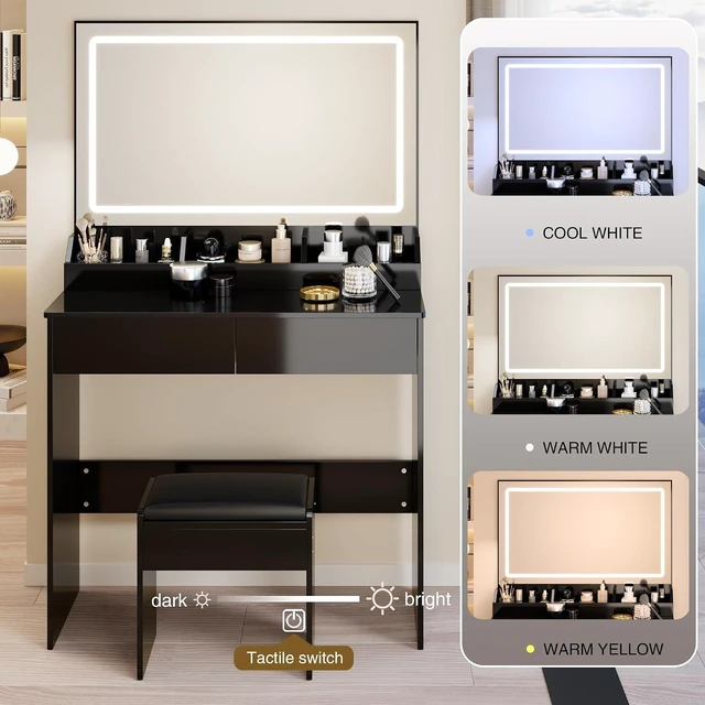 Alt view image 3 of 7 - Modern Vanity with Large Mirror and Led Light, Black