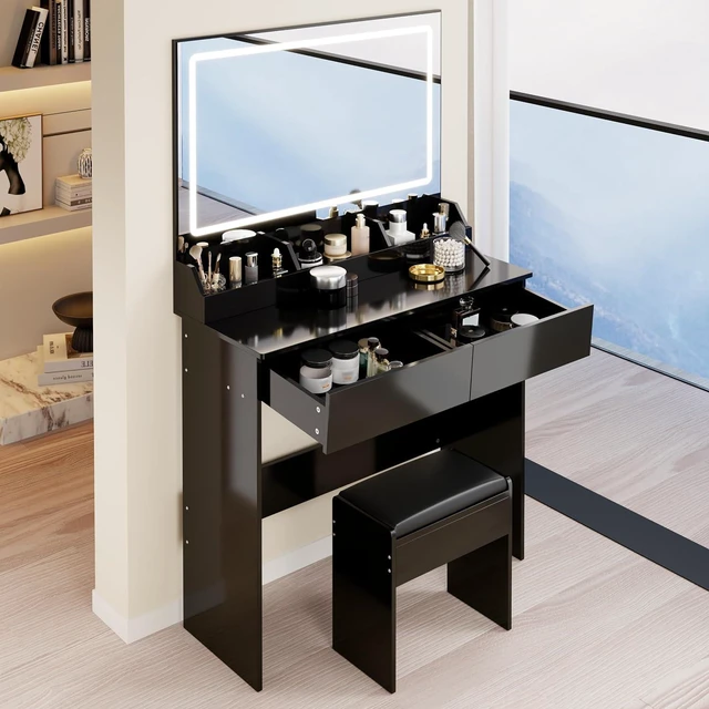 Alt view image 5 of 7 - Modern Vanity with Large Mirror and Led Light, Black