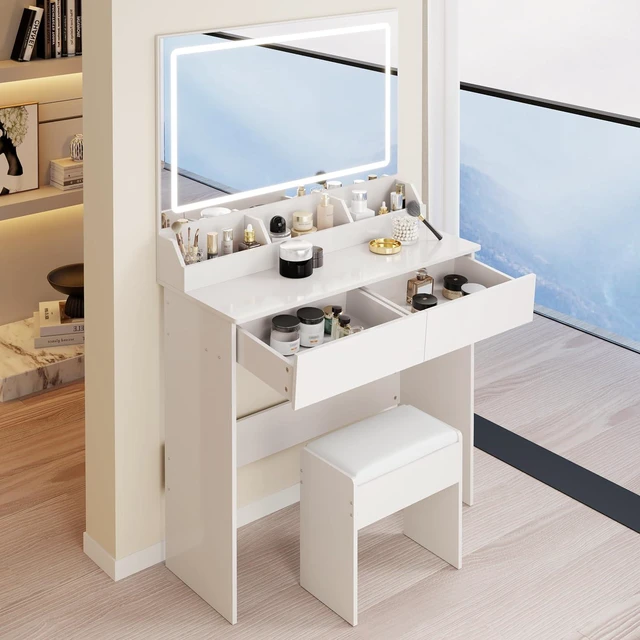Alt view image 2 of 7 - Modern Vanity with Large Mirror and Led Light, White