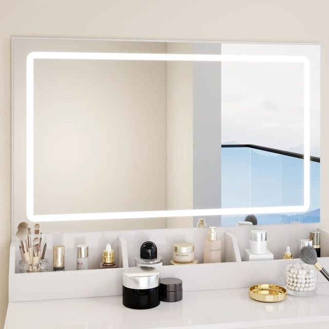 Alt view image 5 of 7 - Modern Vanity with Large Mirror and Led Light, White