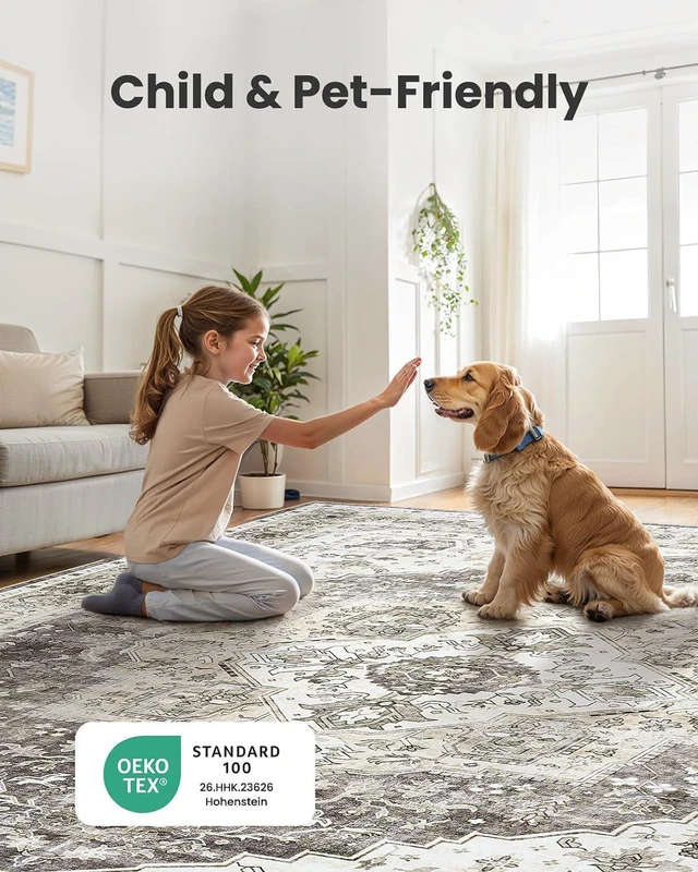 Alt view image 4 of 7 - Amada Large 9x12 Washable Area Rug for Living Room, Grey, Vintage Pattern