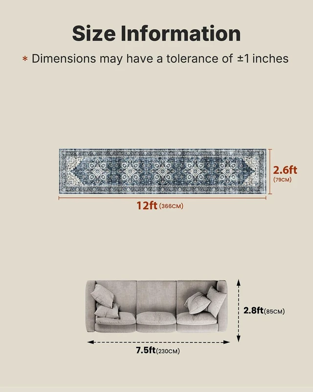 Alt view image 2 of 6 - 2'6"x12' Washable Area Rug, Low-Profile Entryway Rug with Non-Slip Backing & Durable Edge Binding, Vintage Rug Pattern, Small Rugs for Entryway, Kitchen & Living Room