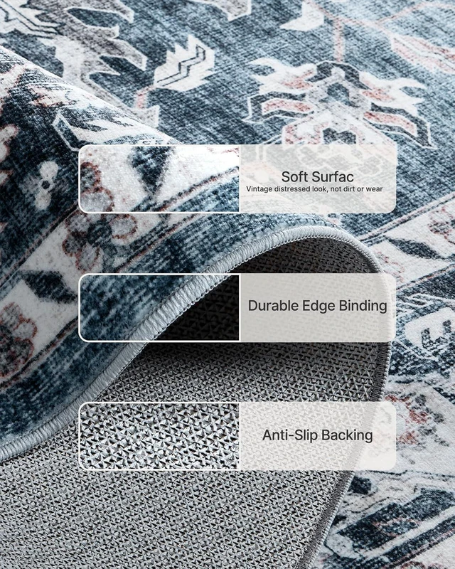Alt view image 6 of 6 - 2'6"x12' Washable Area Rug, Low-Profile Entryway Rug with Non-Slip Backing & Durable Edge Binding, Vintage Rug Pattern, Small Rugs for Entryway, Kitchen & Living Room