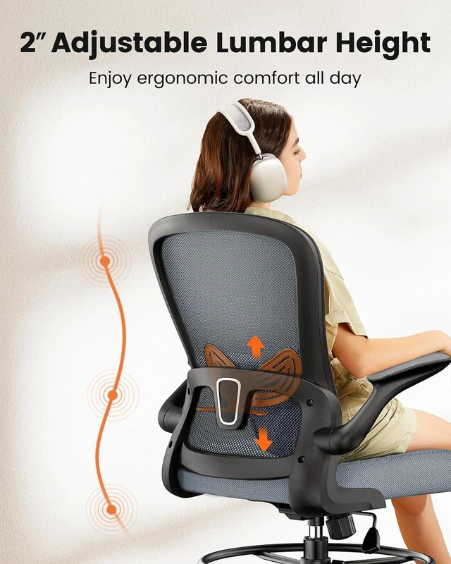 Alt view image 3 of 7 - ErGear Drafting Chair,Tall Office Chair with Flip-Up Armrests, High Desk Chair Adjustable Height and Adjustable Footrest Ring, Ergonomic Standing Desk Chair with Lumbar Support, Blue,8 Pack
