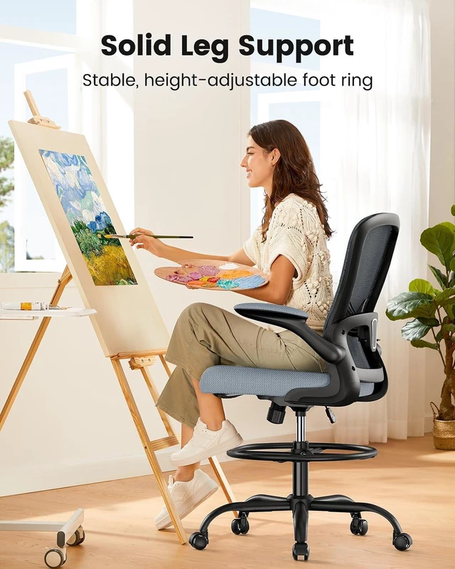 Alt view image 5 of 7 - ErGear Drafting Chair,Tall Office Chair with Flip-Up Armrests, High Desk Chair Adjustable Height and Adjustable Footrest Ring, Ergonomic Standing Desk Chair with Lumbar Support, Blue,8 Pack