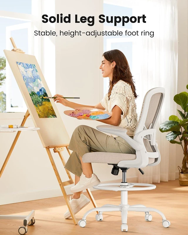Alt view image 4 of 6 - ErGear Drafting Chair,Tall Office Chair with Flip-Up Armrests, High Desk Chair Adjustable Height and Adjustable Footrest Ring, Ergonomic Standing Desk Chair with Lumbar Support, Khaki,3 Pack