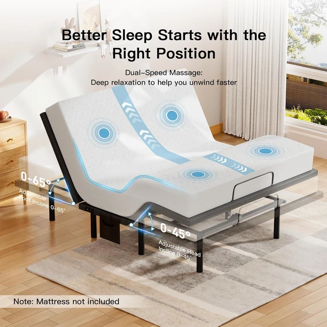 Alt view image 2 of 6 - Pipishell Queen Adjustable Bed Frame with Massage, Electric Bed Base with Head & Foot Incline, USB-A & USB-C Ports, LED Under-Bed Lighting, 4 Leg Height Options, and Easy 3-Step Assembly