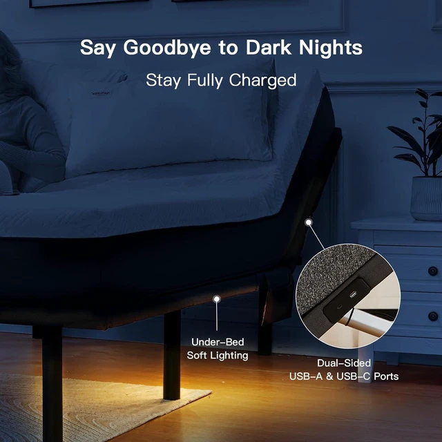 Alt view image 4 of 6 - Pipishell Queen Adjustable Bed Frame with Massage, Electric Bed Base with Head & Foot Incline, USB-A & USB-C Ports, LED Under-Bed Lighting, 4 Leg Height Options, and Easy 3-Step Assembly
