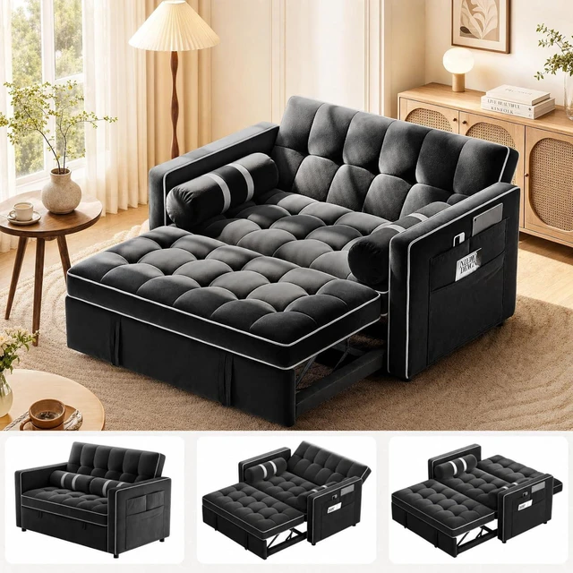 Main image of Pipishell Sleeper Sofa Bed, 3 in 1 Pull Out Couch Futon, Loveseat, Black
