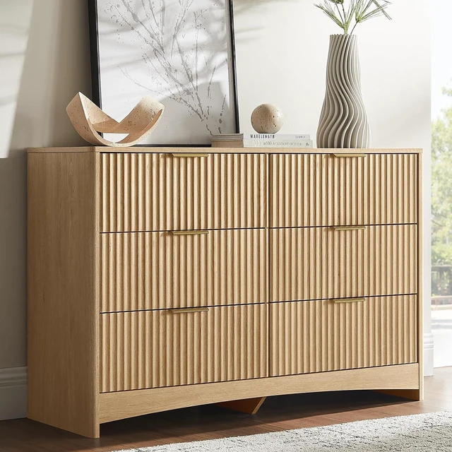 Main image of Amada Fluted 6 Drawer Dresser, Modern Wood Chest of Drawers, Natural Oak