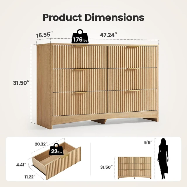 Alt view image 2 of 7 - Amada Fluted 6 Drawer Dresser, Modern Wood Chest of Drawers, Natural Oak