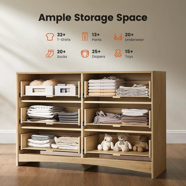 Alt view image 3 of 7 - Amada Fluted 6 Drawer Dresser, Modern Wood Chest of Drawers, Natural Oak