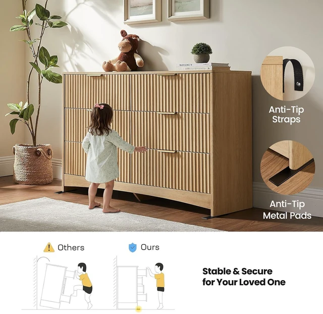 Alt view image 7 of 7 - Amada Fluted 6 Drawer Dresser, Modern Wood Chest of Drawers, Natural Oak