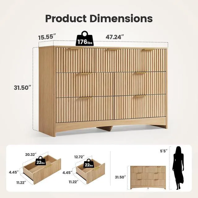 Alt view image 2 of 7 - Amada Modern 7 Drawer Dresser, Fluted Wood Chest of Drawers, Natural Oak