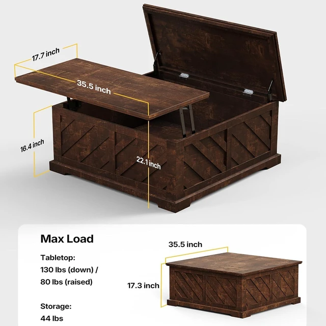 Alt view image 2 of 7 - Amada 35.5" Lift Top Coffee Table with Hidden Storage, Rustic Brown