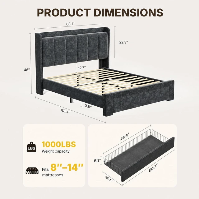 Alt view image 2 of 7 - Amada Heavy-Duty Queen Bed Frame with Oversized Drawer, Charging&LED,Black