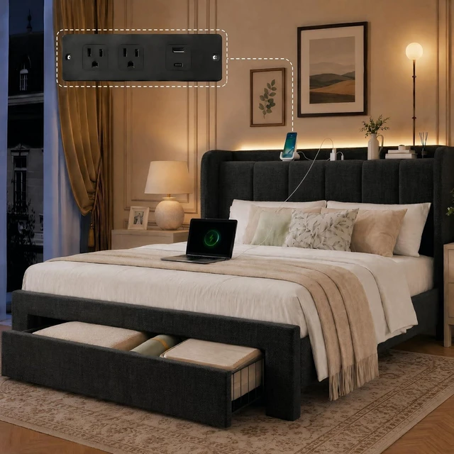 Main image of Amada Heavy-Duty Queen Bed Frame with Oversized Drawer, Charging&LED,Black