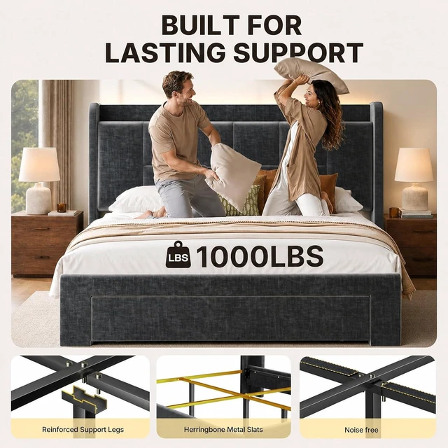 Alt view image 3 of 7 - Amada Heavy-Duty Queen Bed Frame with Oversized Drawer, Charging&LED,Black
