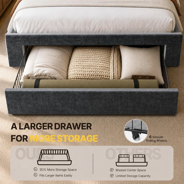 Alt view image 4 of 7 - Amada Heavy-Duty Queen Bed Frame with Oversized Drawer, Charging&LED,Black
