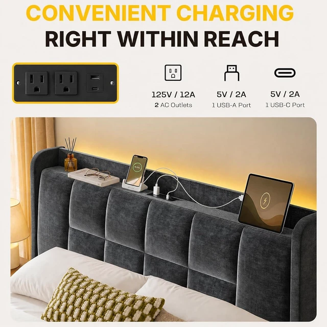 Alt view image 6 of 7 - Amada Heavy-Duty Queen Bed Frame with Oversized Drawer, Charging&LED,Black