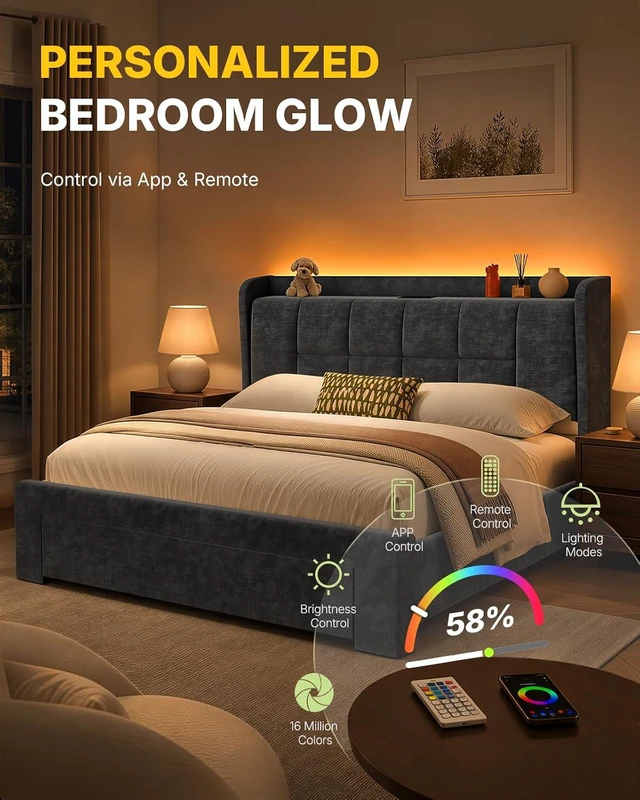 Alt view image 7 of 7 - Amada Heavy-Duty Queen Bed Frame with Oversized Drawer, Charging&LED,Black