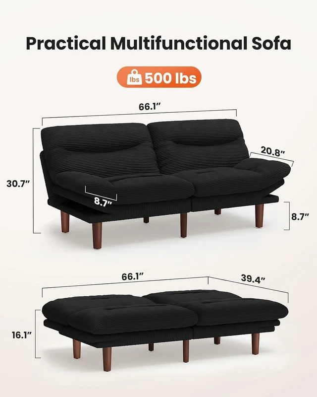 Alt view image 2 of 7 - Amada 66" Convertible Futon Sofa Bed Corduroy Loveseat