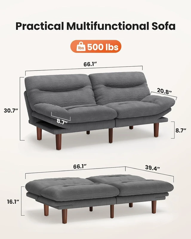 Alt view image 2 of 7 - Amada Convertible Corduroy Futon Sofa Bed, 66 inch, Gray