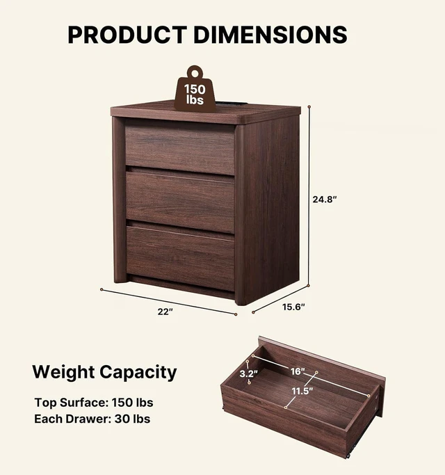 Alt view image 2 of 7 - AMADA HOMEFURNISHING Wood Nightstand with 3 Drawers, Large and Wide Night Stand with Charging Station, Bedside Table with Curved Design, Side Table for Bedroom, Walnut, Set of 2