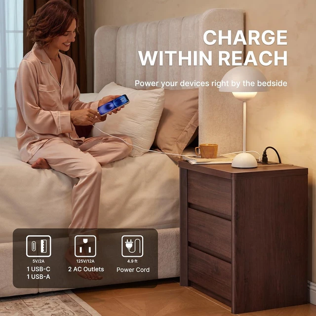 Alt view image 5 of 7 - AMADA HOMEFURNISHING Wood Nightstand with 3 Drawers, Large and Wide Night Stand with Charging Station, Bedside Table with Curved Design, Side Table for Bedroom, Walnut, Set of 2