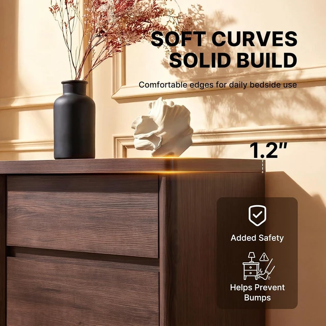 Alt view image 3 of 7 - AMADA HOMEFURNISHING Wood Nightstand with 3 Drawers, Large and Wide Night Stand with Charging Station, Bedside Table with Curved Design, Side Table for Bedroom, Walnut, Set of 2
