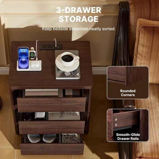 Alt view image 4 of 7 - AMADA HOMEFURNISHING Wood Nightstand with 3 Drawers, Large and Wide Night Stand with Charging Station, Bedside Table with Curved Design, Side Table for Bedroom, Walnut, Set of 2