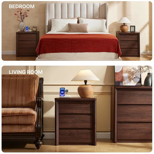 Alt view image 6 of 7 - AMADA HOMEFURNISHING Wood Nightstand with 3 Drawers, Large and Wide Night Stand with Charging Station, Bedside Table with Curved Design, Side Table for Bedroom, Walnut, Set of 2