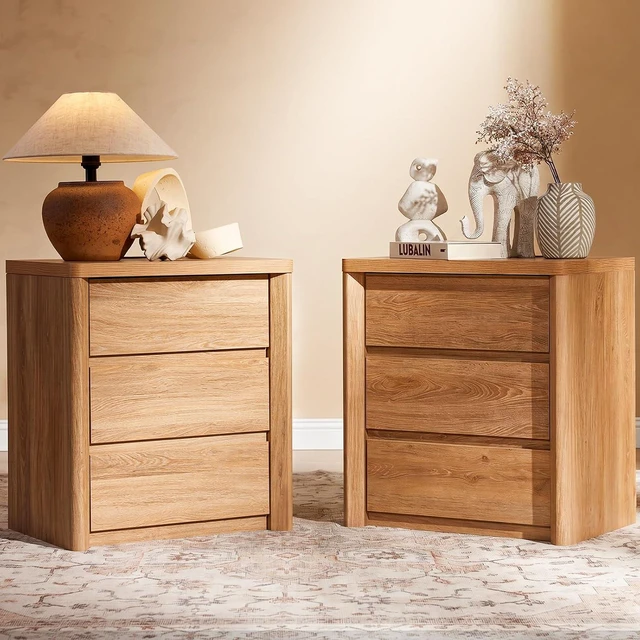 Main image of AMADA HOMEFURNISHING Wood Nightstand with 3 Drawers, Large and Wide Night Stand with Charging Station, Bedside Table with Curved Design, Side Table for Bedroom, Natural Oak, Set of 2