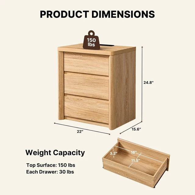 Alt view image 2 of 7 - AMADA HOMEFURNISHING Wood Nightstand with 3 Drawers, Large and Wide Night Stand with Charging Station, Bedside Table with Curved Design, Side Table for Bedroom, Natural Oak, Set of 2