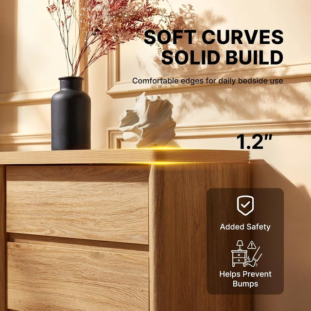 Alt view image 3 of 7 - AMADA HOMEFURNISHING Wood Nightstand with 3 Drawers, Large and Wide Night Stand with Charging Station, Bedside Table with Curved Design, Side Table for Bedroom, Natural Oak, Set of 2