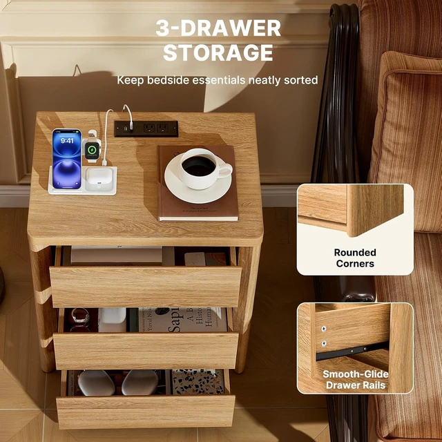 Alt view image 4 of 7 - AMADA HOMEFURNISHING Wood Nightstand with 3 Drawers, Large and Wide Night Stand with Charging Station, Bedside Table with Curved Design, Side Table for Bedroom, Natural Oak, Set of 2