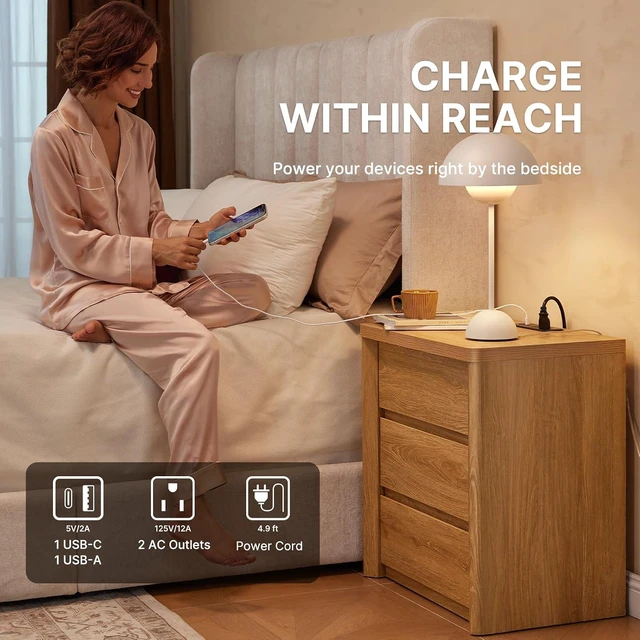 Alt view image 5 of 7 - AMADA HOMEFURNISHING Wood Nightstand with 3 Drawers, Large and Wide Night Stand with Charging Station, Bedside Table with Curved Design, Side Table for Bedroom, Natural Oak, Set of 2