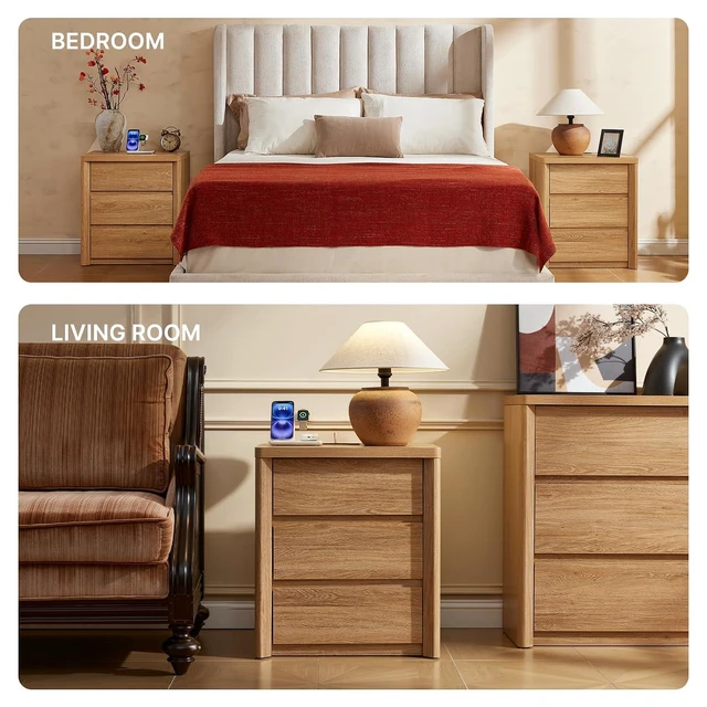 Alt view image 6 of 7 - AMADA HOMEFURNISHING Wood Nightstand with 3 Drawers, Large and Wide Night Stand with Charging Station, Bedside Table with Curved Design, Side Table for Bedroom, Natural Oak, Set of 2